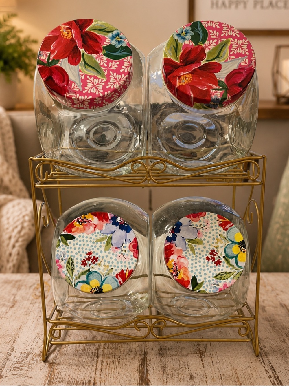 Pioneer Woman Floral Medley Glass Canister Set Gold Rack Discontinued 5 Pc
